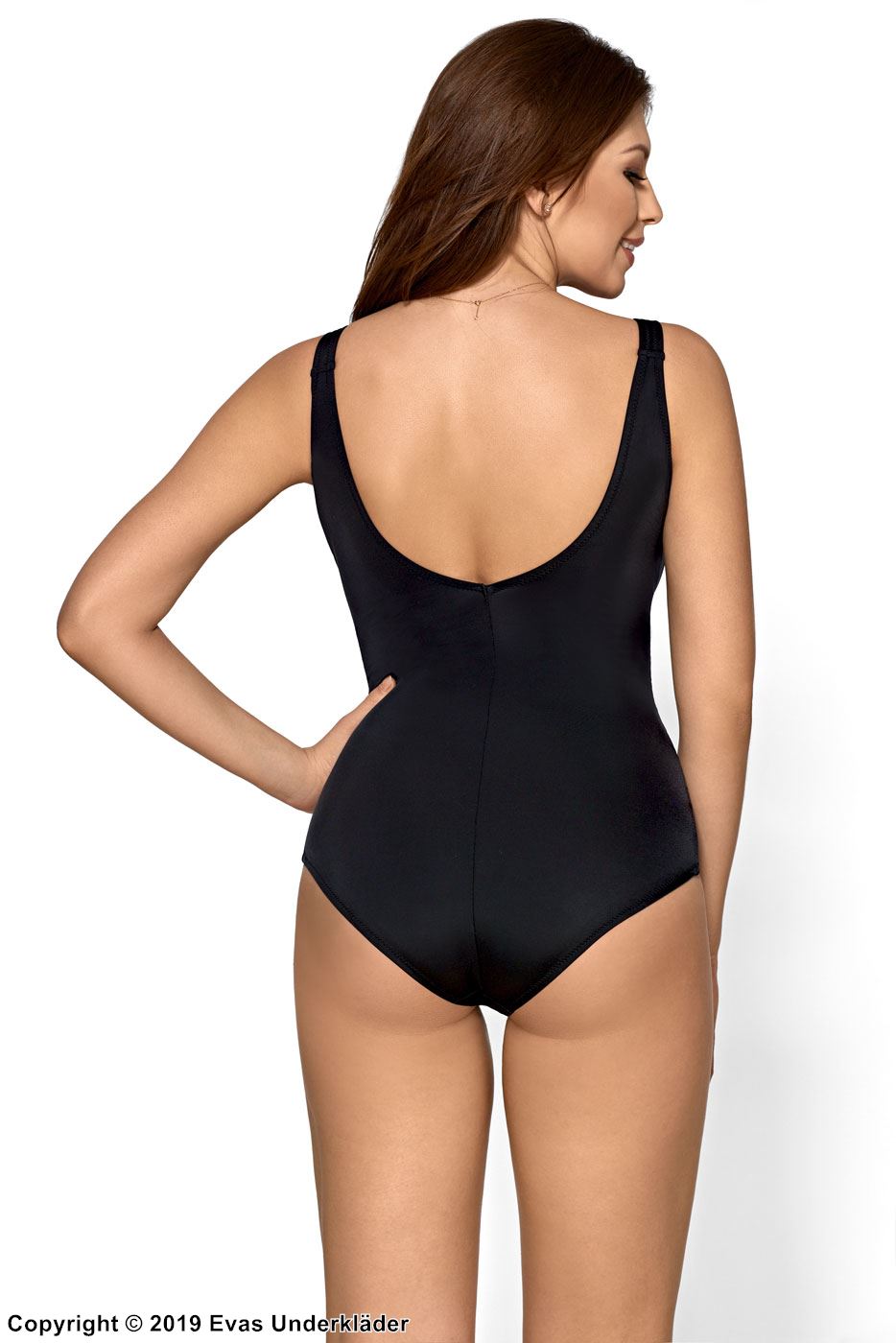 One-piece swimsuit, smooth microfiber, mesh inlay, real bra cups